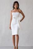 White Satin Strapless Midi Bodycon Engagement Dress with Bow