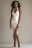 White Satin Mermaid Halter Asymmetrical Engagement Dress