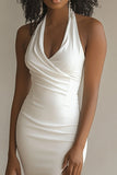 White Satin Mermaid Halter Asymmetrical Engagement Dress