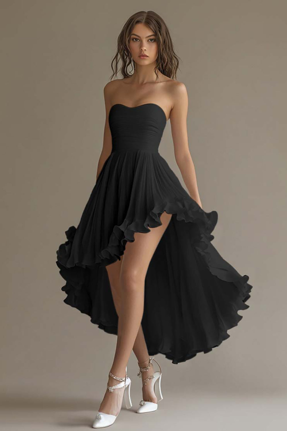 Zapakasa Women White Chiffon A Line High-Low Engagement Dress with Ruffles Strapless Rehearsal Dinner Dress with Pleats Zapakasa Women White Chiffon A Line High-Low Engagement Dress with Ruffles Strapless Rehearsal Dinner Dress with Pleats