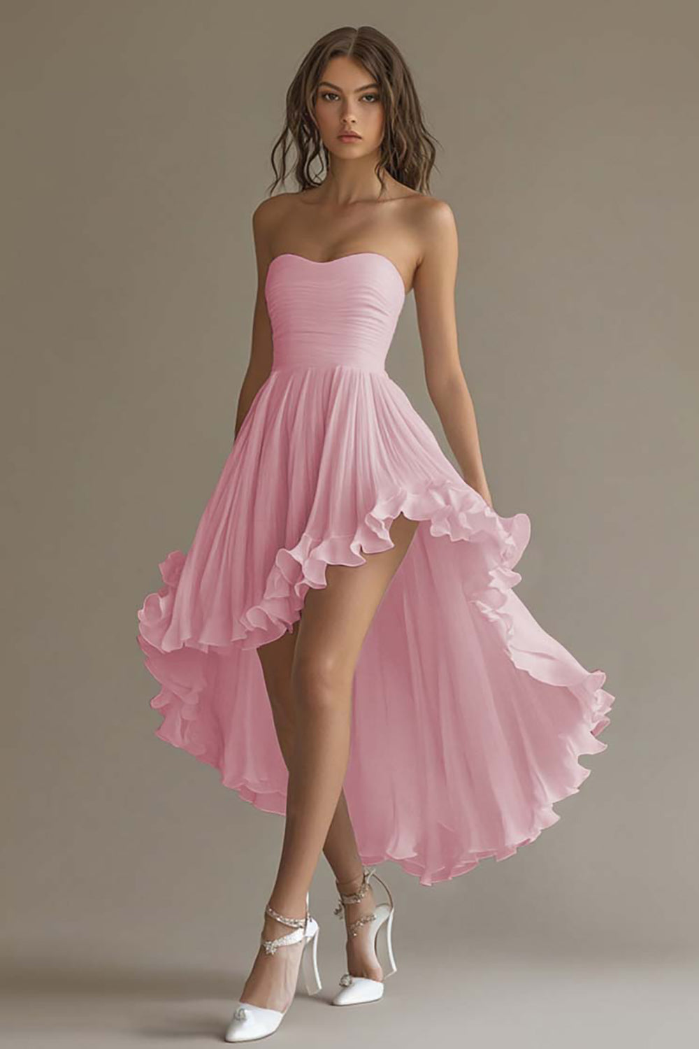 Zapakasa Women White Chiffon A Line High-Low Engagement Dress with Ruffles Strapless Rehearsal Dinner Dress with Pleats Zapakasa Women White Chiffon A Line High-Low Engagement Dress with Ruffles Strapless Rehearsal Dinner Dress with Pleats