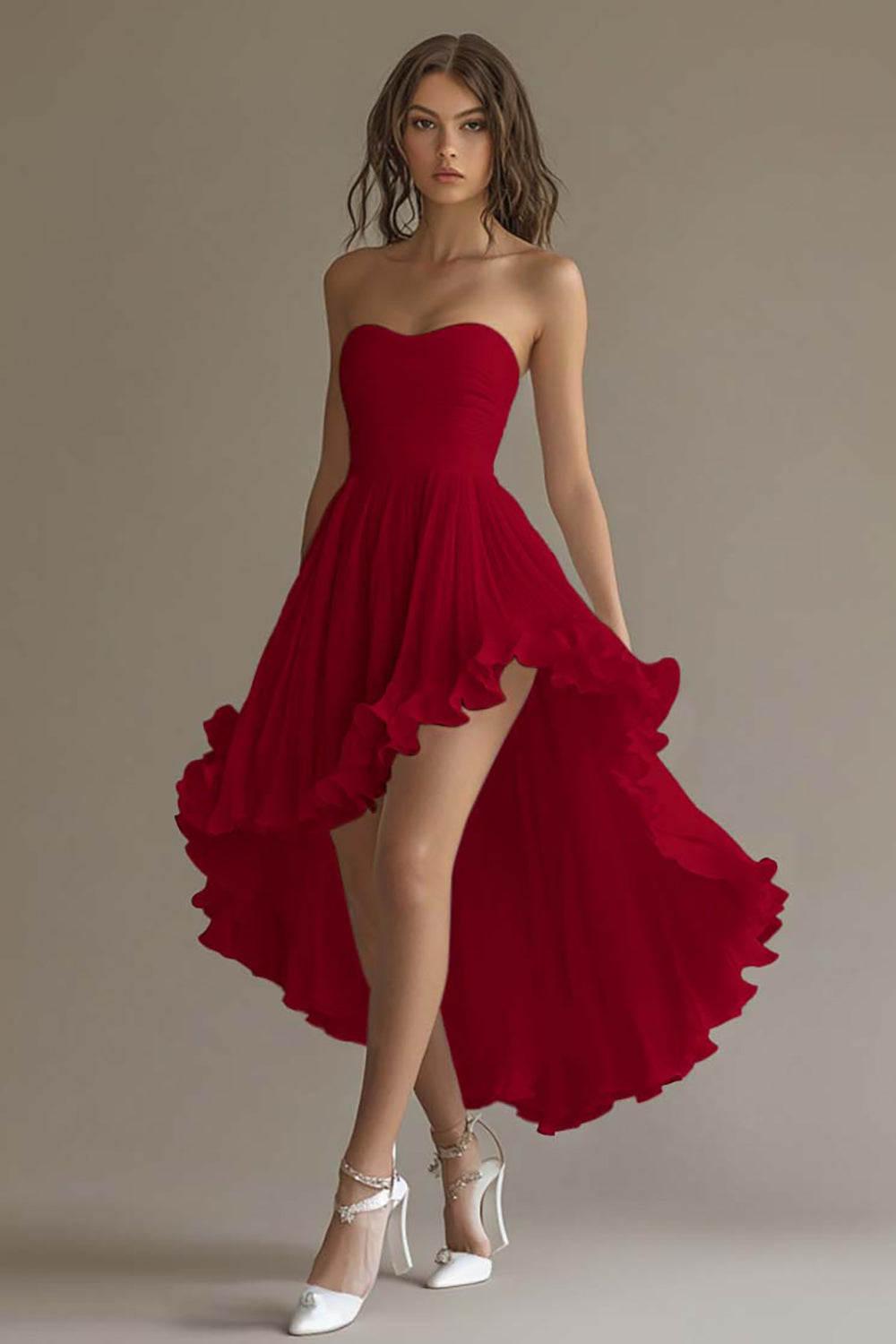 Zapakasa Women White Chiffon A Line High-Low Engagement Dress with Ruffles Strapless Rehearsal Dinner Dress with Pleats Zapakasa Women White Chiffon A Line High-Low Engagement Dress with Ruffles Strapless Rehearsal Dinner Dress with Pleats