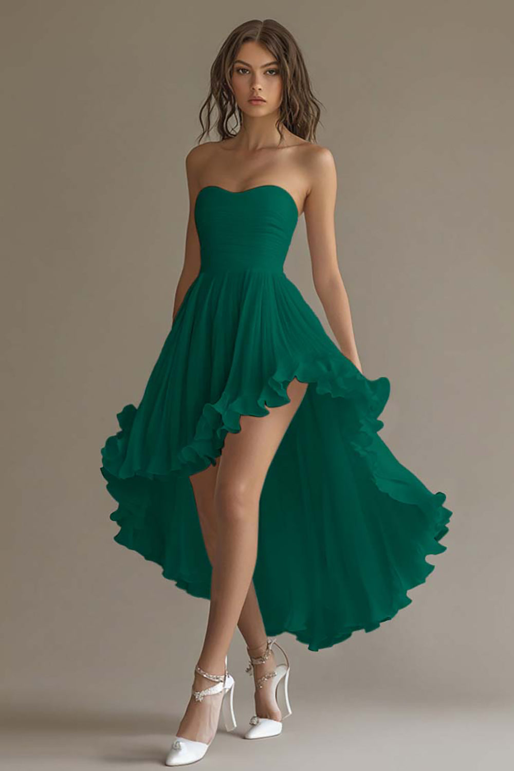 Zapakasa Women White Chiffon A Line High-Low Engagement Dress with Ruffles Strapless Rehearsal Dinner Dress with Pleats Zapakasa Women White Chiffon A Line High-Low Engagement Dress with Ruffles Strapless Rehearsal Dinner Dress with Pleats