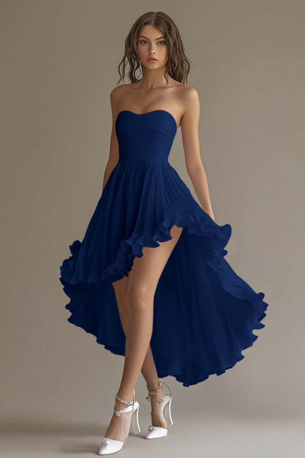 Zapakasa Women White Chiffon A Line High-Low Engagement Dress with Ruffles Strapless Rehearsal Dinner Dress with Pleats Zapakasa Women White Chiffon A Line High-Low Engagement Dress with Ruffles Strapless Rehearsal Dinner Dress with Pleats