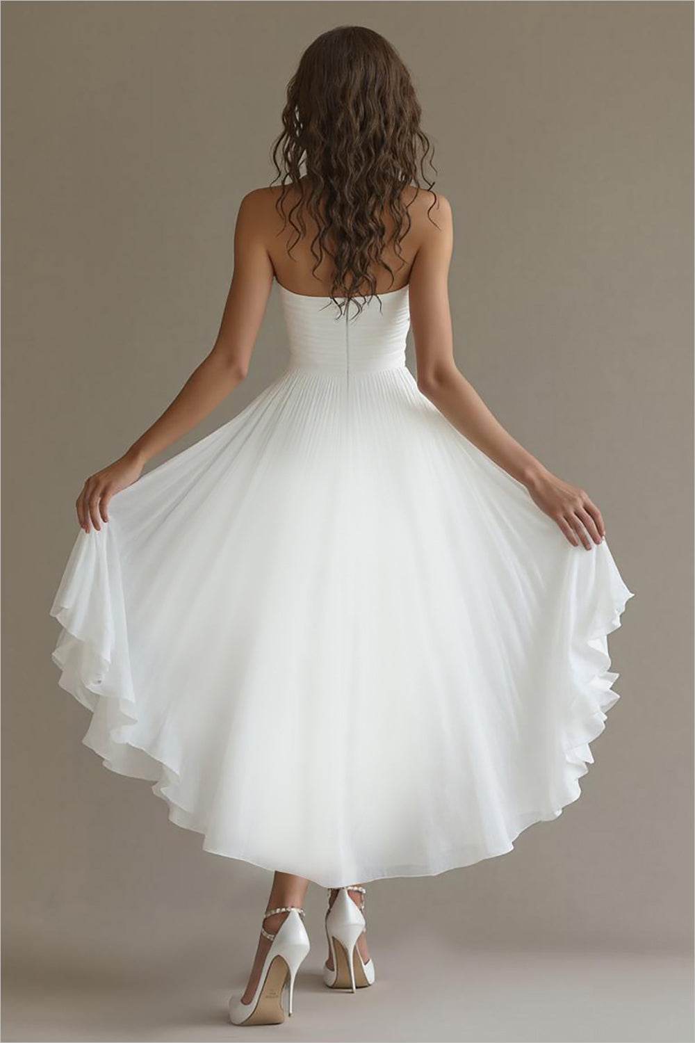 White Chiffon A Line High-Low Engagement Dress with Ruffles