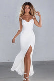 White Chiffon Spaghetti Straps Long Mermaid Engagement Dress with Slit