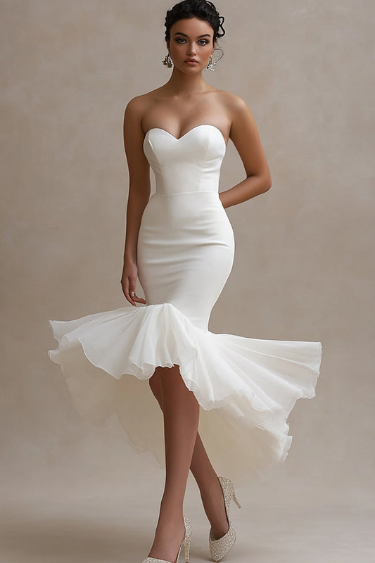 White Satin Mermaid High-Low Engagement Dress with Ruffles Sweetheart Rehearsal Dinner Dress