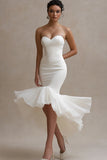 White Satin Mermaid High-Low Engagement Dress with Ruffles