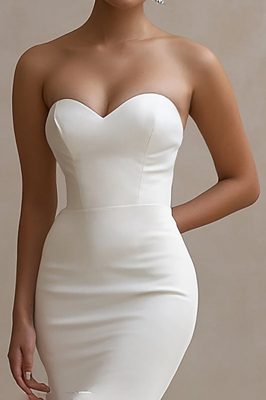 White Satin Mermaid High-Low Engagement Dress with Ruffles