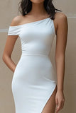 White Satin Asymmetrical Long Mermaid Engagement Dress with Slit