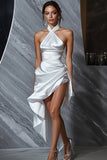 White Satin Halter Bodycon Asymmetrical Graduation Dress