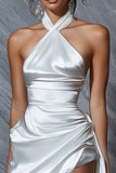 White Satin Halter Bodycon Asymmetrical Graduation Dress