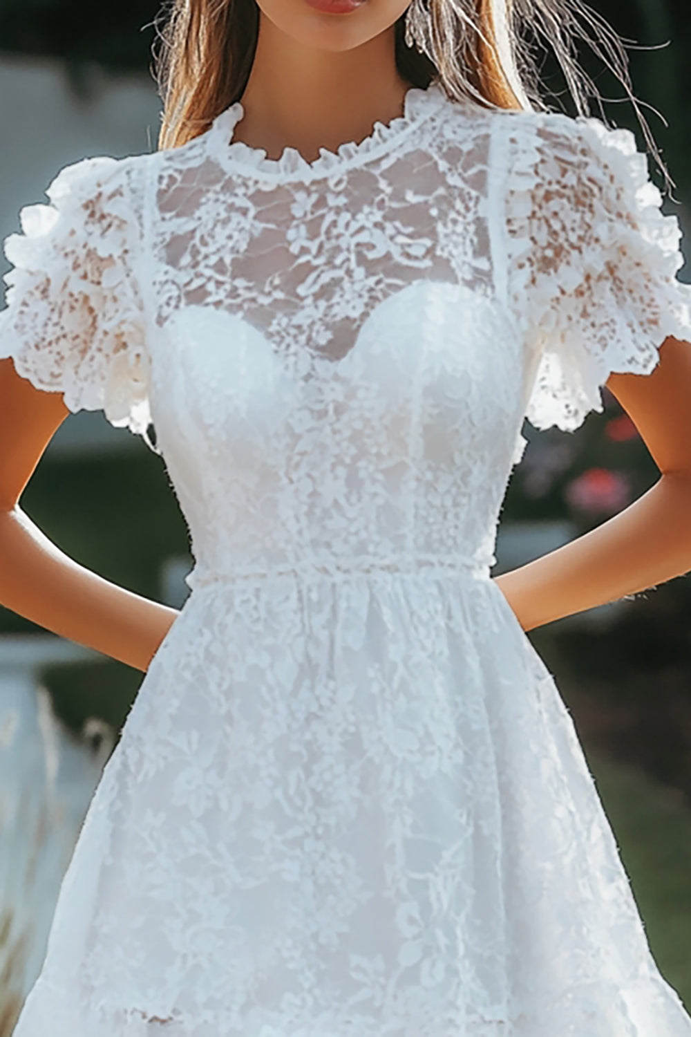 White Lace Illusion Neck A Line Short Graduation Dress with Short Sleeves