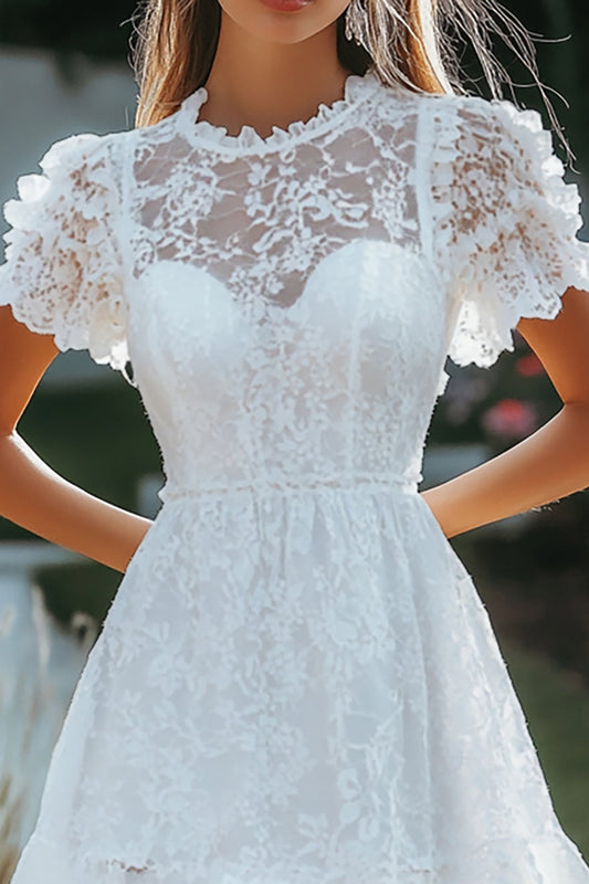 White Lace Illusion Neck A Line Short Graduation Dress with Short Sleeves