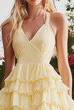 Daffodil Chiffon Short A Line V-Neck Graduation Dress with Ruffles