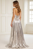 Sparkly Silver Metallic Pleated Long Prom Dress with Keyhole