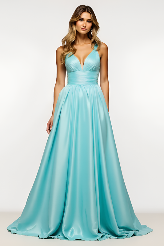 Mint Satin V Neck Backless Long A Line Prom Dress