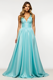 Mint Satin V Neck Backless Long A Line Prom Dress