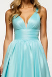 Mint Satin V Neck Backless Long A Line Prom Dress