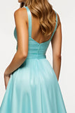 Mint Satin V Neck Backless Long A Line Prom Dress