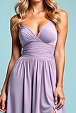 Lilac Pleated Satin Long A Line Prom Dress with Slit