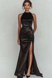 Black Satin High Neck Long Mermaid Prom Dress with Slit