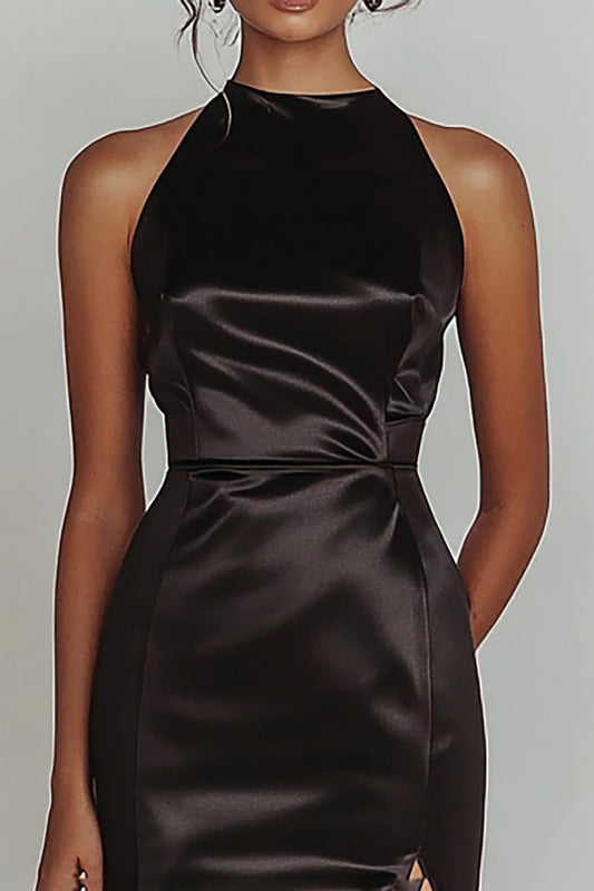 Black Satin High Neck Long Mermaid Prom Dress with Slit