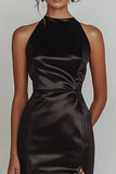 Black Satin High Neck Long Mermaid Prom Dress with Slit