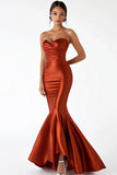 Rust Strapless Ruched Satin Mermaid Long Prom Dress