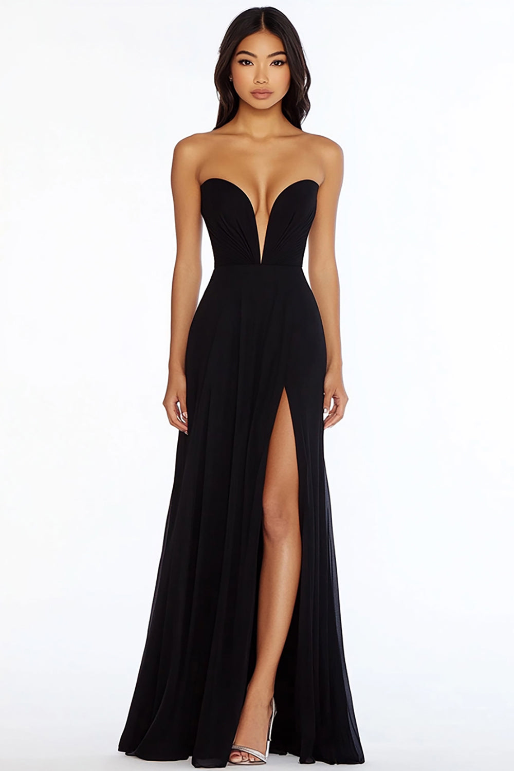 Black Strapless Long Sheath Prom Dress with Slit