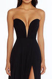 Black Strapless Long Sheath Prom Dress with Slit