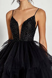 Sparkly Black Tulle Tiered Ball Gown Long Prom Dress with Ruffles