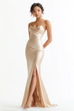 Champagne Satin Ruched Mermaid Strapless Long Prom Dress with Slit