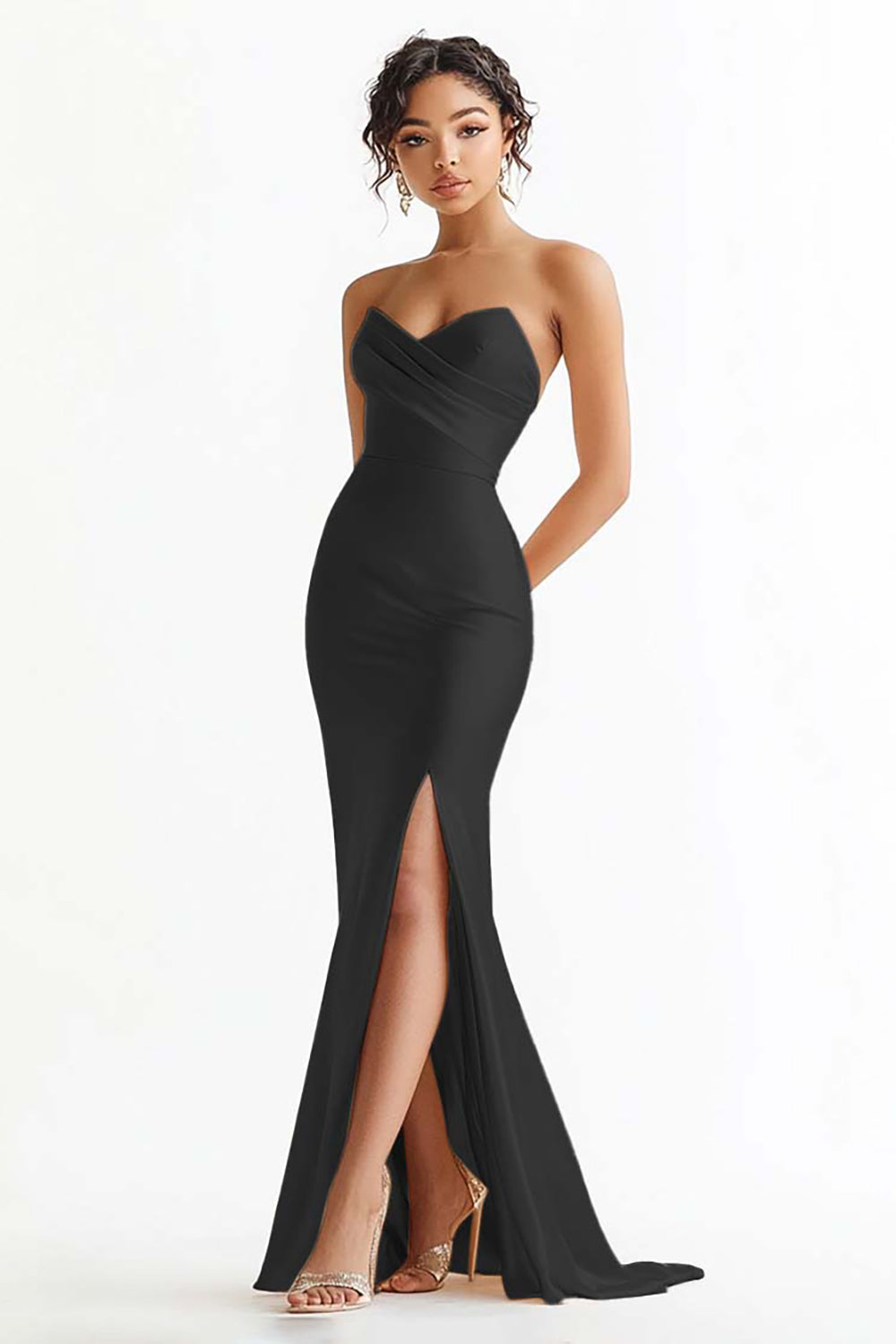 Champagne Satin Ruched Mermaid Strapless Long Prom Dress with Slit