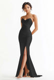 Champagne Satin Ruched Mermaid Strapless Long Prom Dress with Slit