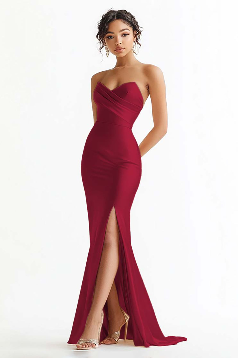 Champagne Satin Ruched Mermaid Strapless Long Prom Dress with Slit