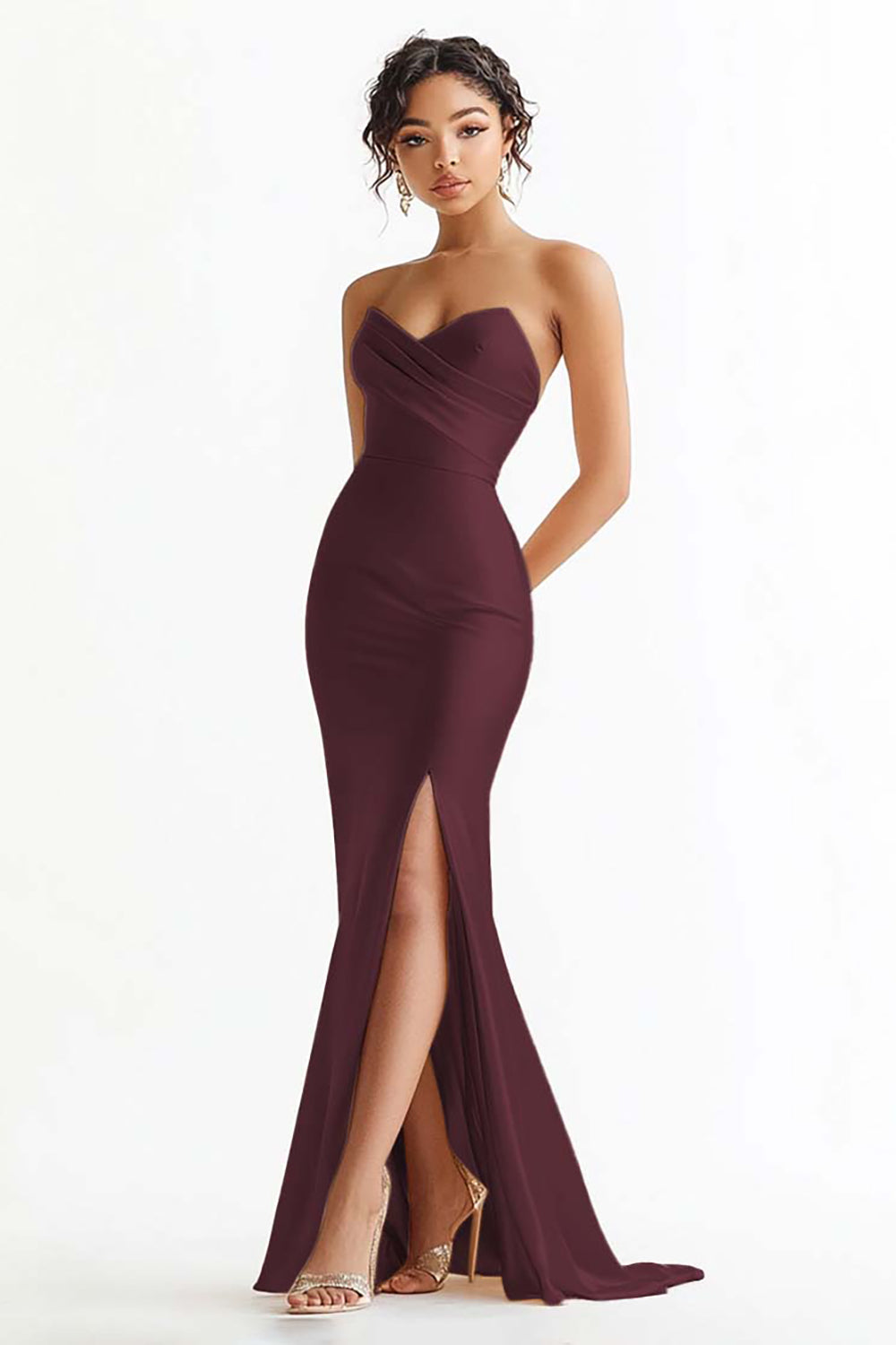 Champagne Satin Ruched Mermaid Strapless Long Prom Dress with Slit
