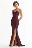 Champagne Satin Ruched Mermaid Strapless Long Prom Dress with Slit