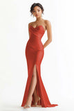 Champagne Satin Ruched Mermaid Strapless Long Prom Dress with Slit