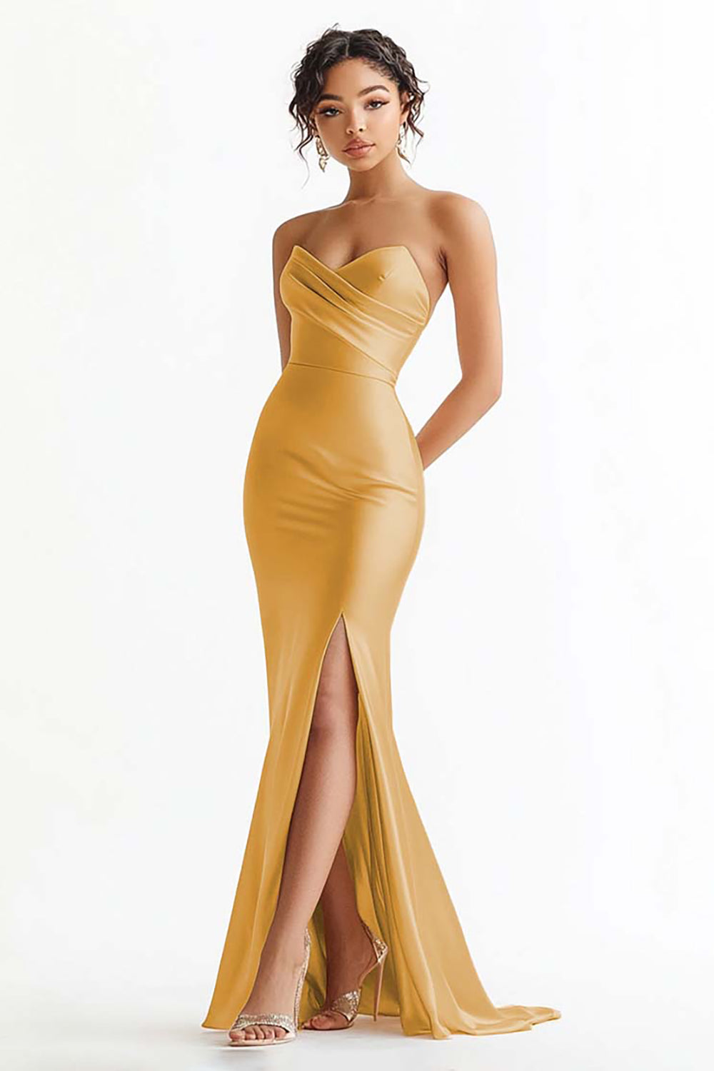 Champagne Satin Ruched Mermaid Strapless Long Prom Dress with Slit