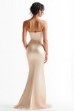 Champagne Satin Ruched Mermaid Strapless Long Prom Dress with Slit