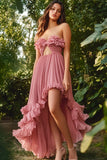 Dusty Rose Chiffon Pleated Long Asymmetrical Prom Dress with Ruffles