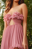 Dusty Rose Chiffon Pleated Long Asymmetrical Prom Dress with Ruffles