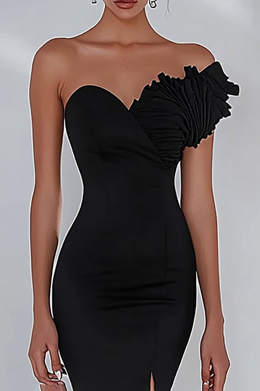 Black Mermaid Asymmetrical Strapless Long Prom Dress with Slit