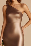 Coffee Satin One Shoulder Long Mermaid Prom Dress with Slit