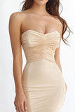 Champagne Satin Strapless Mermaid Long Prom Dress with Ruffles