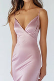 Pink Satin Mermaid V-Neck Spaghetti Straps Long Prom Dress