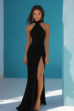Black High Neck Long Sheath Prom Dress with Slit