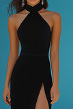 Black High Neck Long Sheath Prom Dress with Slit