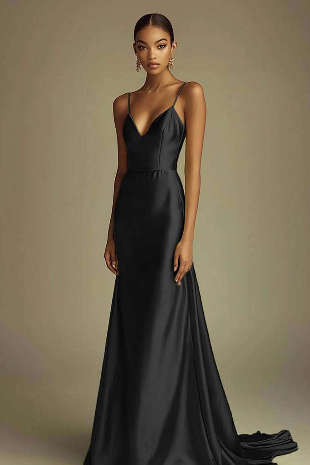 Lemon Green Satin V-Neck Sheath Spaghetti Straps Long Prom Dress